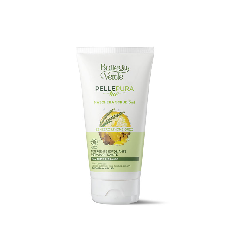 Image of Bottega Verde Pelle pura bio - Maschera scrub 3 in 1 - detergente, esfoliante, dermopurificante con estratto di Zenzero bio, succo e olio essenziale di Limone, acqua di Orzo bio - pelli miste o grasse