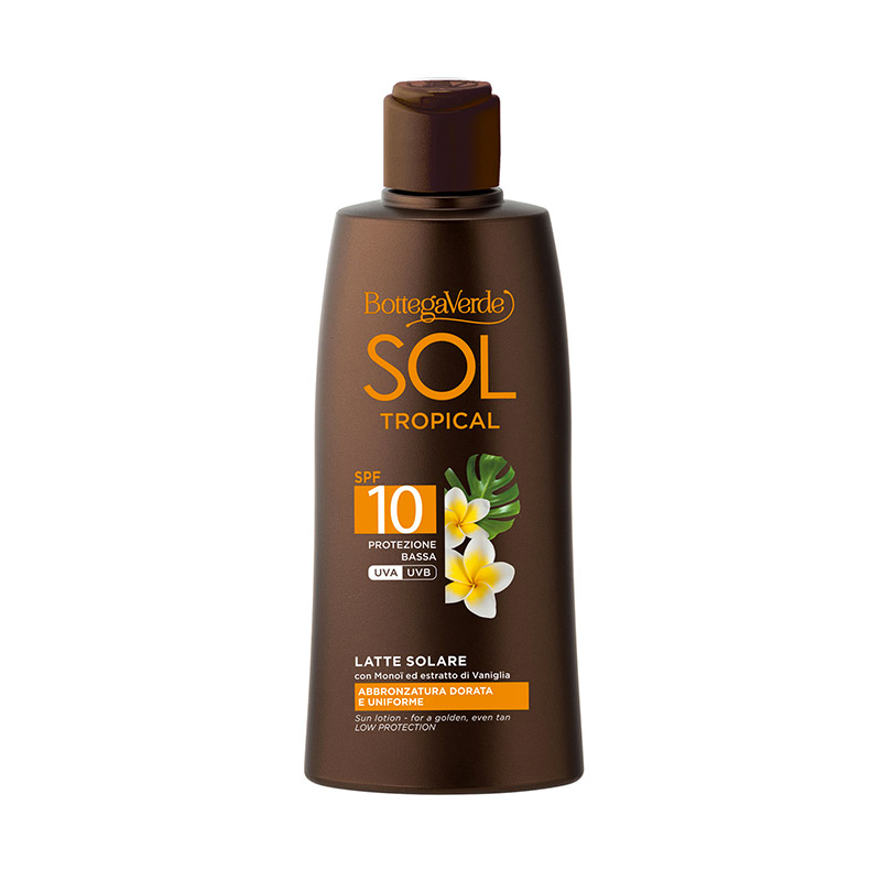 Image of Bottega Verde SOL Tropical - Latte solare - abbronzatura dorata e uniforme - con Monoï ed estratto di Vaniglia - protezione bassa SPF10