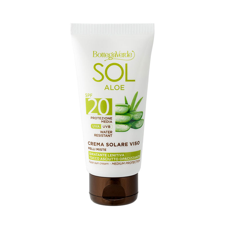 Image of Bottega Verde SOL Aloe - Crema solare viso - idratante lenitiva, tocco asciutto opacizzante - con succo di Aloe - protezione media SPF20 (50 ml) - water resistant - pelli miste