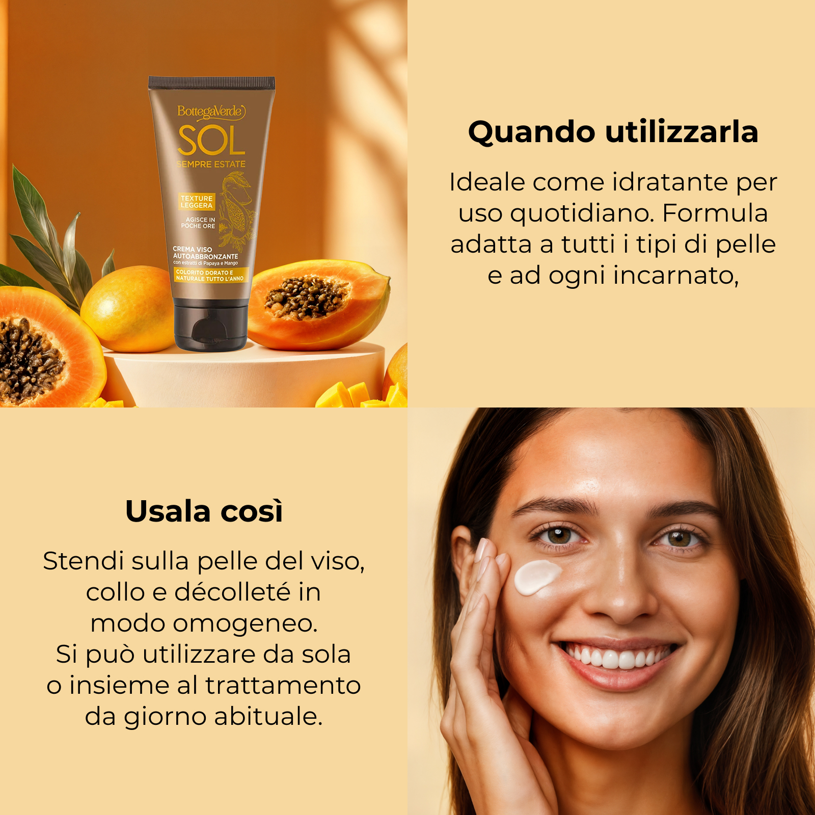 SOL Sempre Estate - Self-tanning face cream with Papaya and Mango extracts (50 ml) - for a natural, golden tan all year round