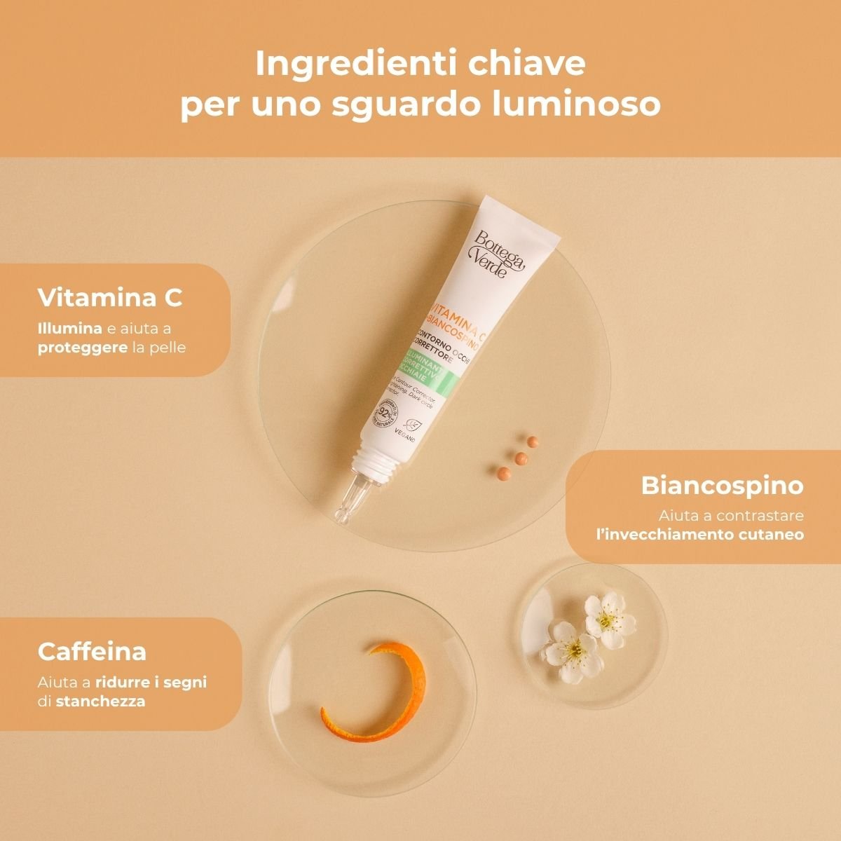 Vitamina C + Biancospino - Contorno occhi correttore - con Vitamina C, Biancospino e Caffeina - illuminante correttivo occhiaie
