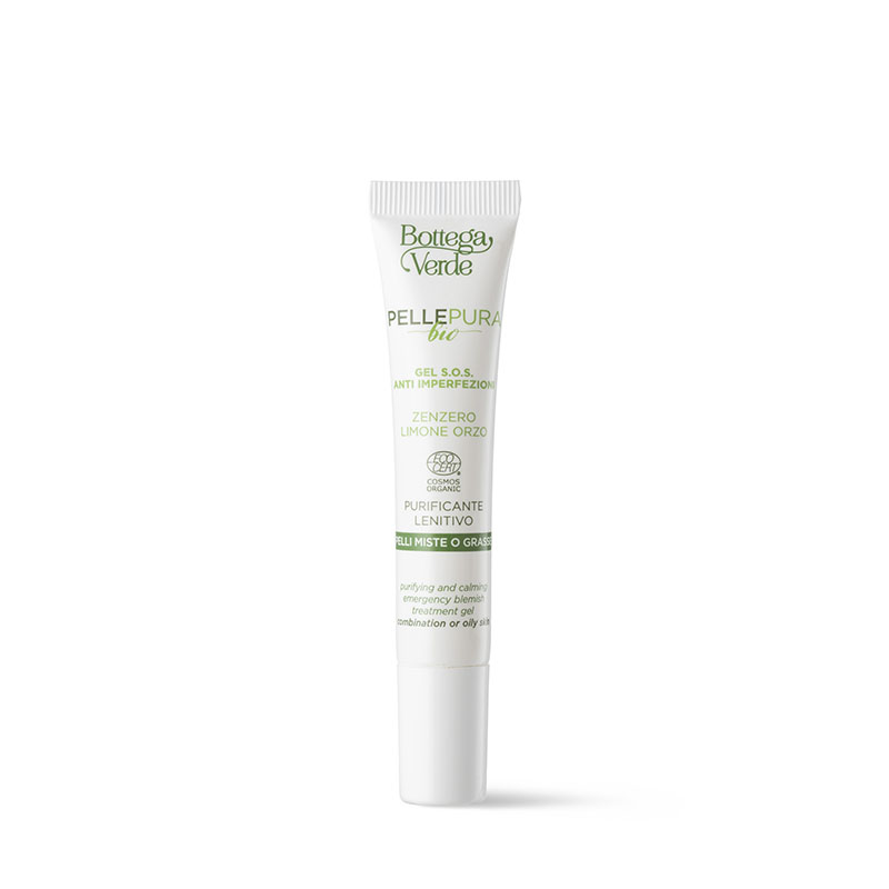 Pelle pura bio - Purifying and calming emergency blemish treatment gel with organic Ginger extract, Lemon juice and essential oil, and organic Barley water (10 ml) - combination or oily skin
