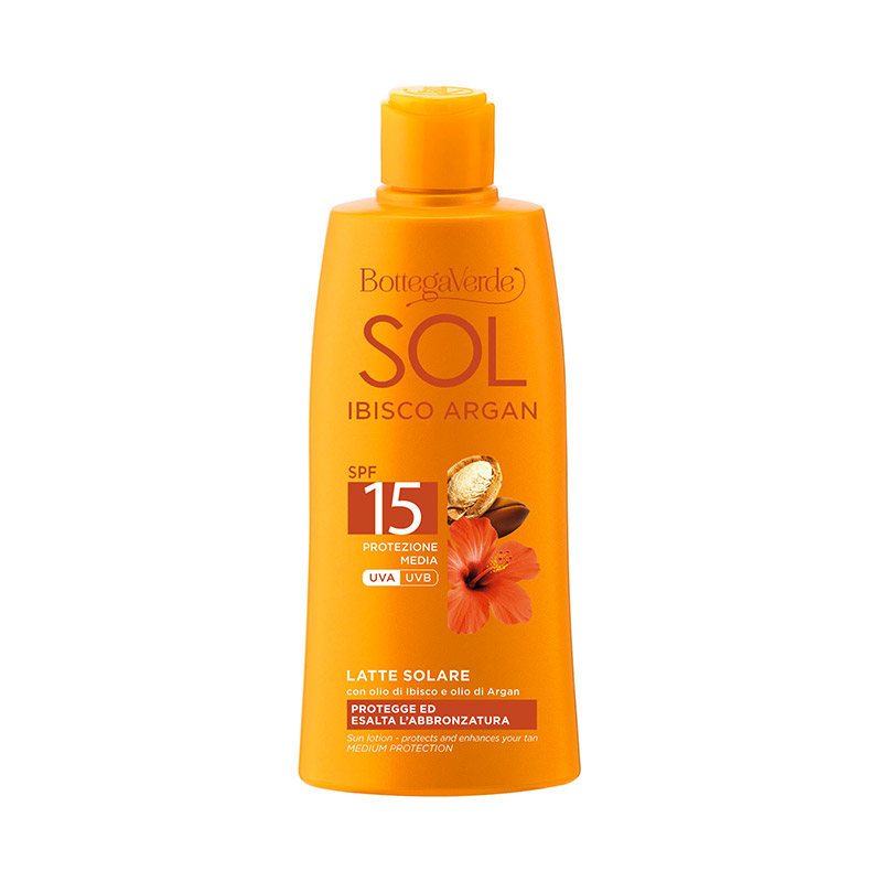 Image of SOL Ibisco Argan - Latte solare - protegge ed esalta l'abbronzatura - con olio di Ibisco e olio di Argan - protezione media SPF15