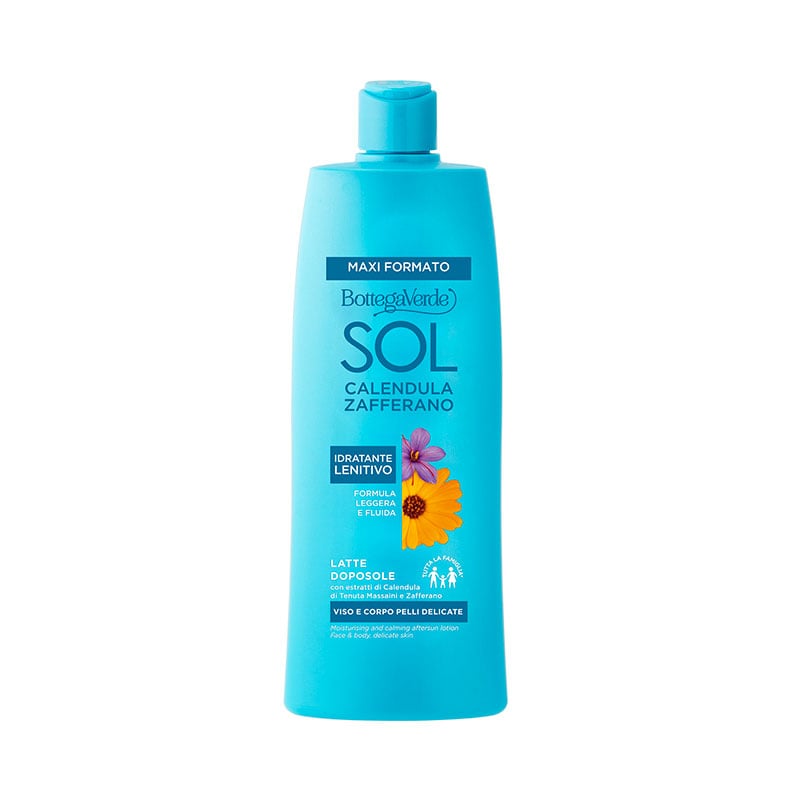 SOL Calendula Zafferano - Leche aftersun - cara y cuerpo - pieles delicadas - toda la familia* - con extractos de Caléndula de Tenuta Massaini y Azafrán - hidratante calmante - Fórmula ligera y fluida (400 ml)