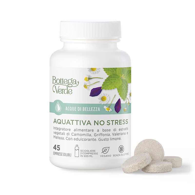 Image of Acque di Bellezza - Aquattiva No stress - Integratore alimentare a base di estratti vegetali di Camomilla, Griffonia, Valeriana e Melissa. Con edulcorante. Gusto limone. (45 compresse solubili)