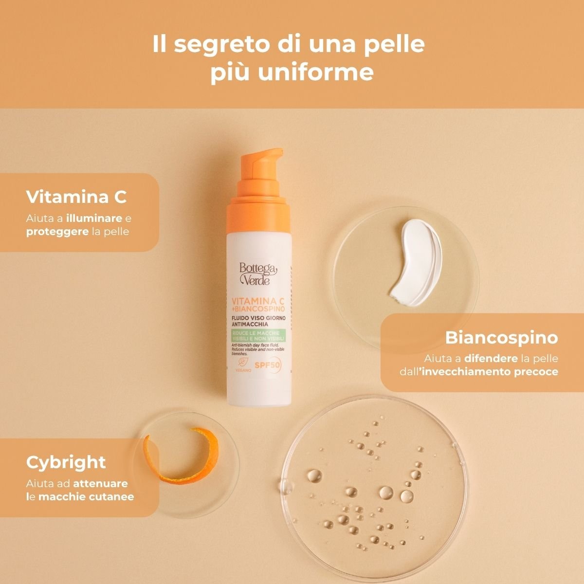 Vitamina C + Biancospino - Fluido viso giorno antimacchia SPF50 - con Vitamina C, Biancospino e Cybright - riduce le macchie visibili e non visibili