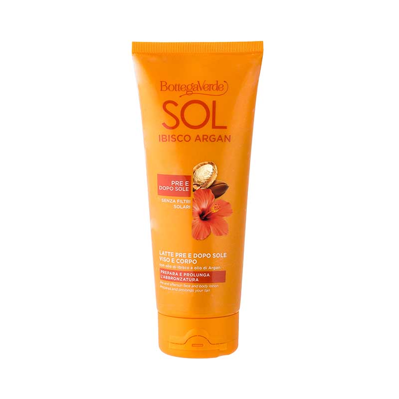 SOL Ibisco Argan - Pre and aftersun face and body lotion - prepares and prolongs your tan - with Hibiscus Oil and Argan Oil (200 ml) - pre and aftersun - does not contain sun filters
