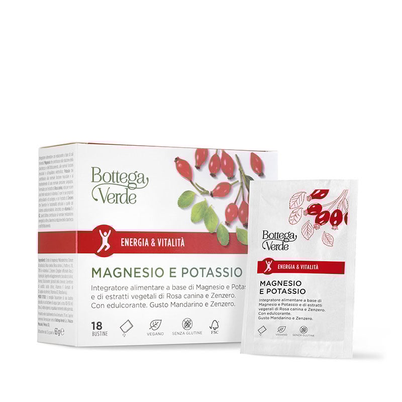 Image of Bottega Verde Energia & vitalità - Magnesio e potassio - Integratore alimentare a base di Magnesio e Potassio e di estratti vegetali di Rosa canina e Zenzero. Con edulcorante. Gusto Mandarino e Zenzero. (18 bustine)013