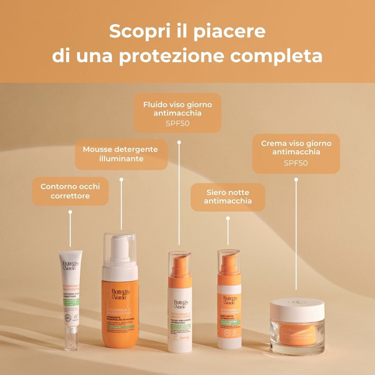 Vitamina C + Biancospino - Crema viso giorno idratante antimacchia SPF50 - con Vitamina C, Biancospino e Cybright - riduce l'intensit&agrave; delle macchie