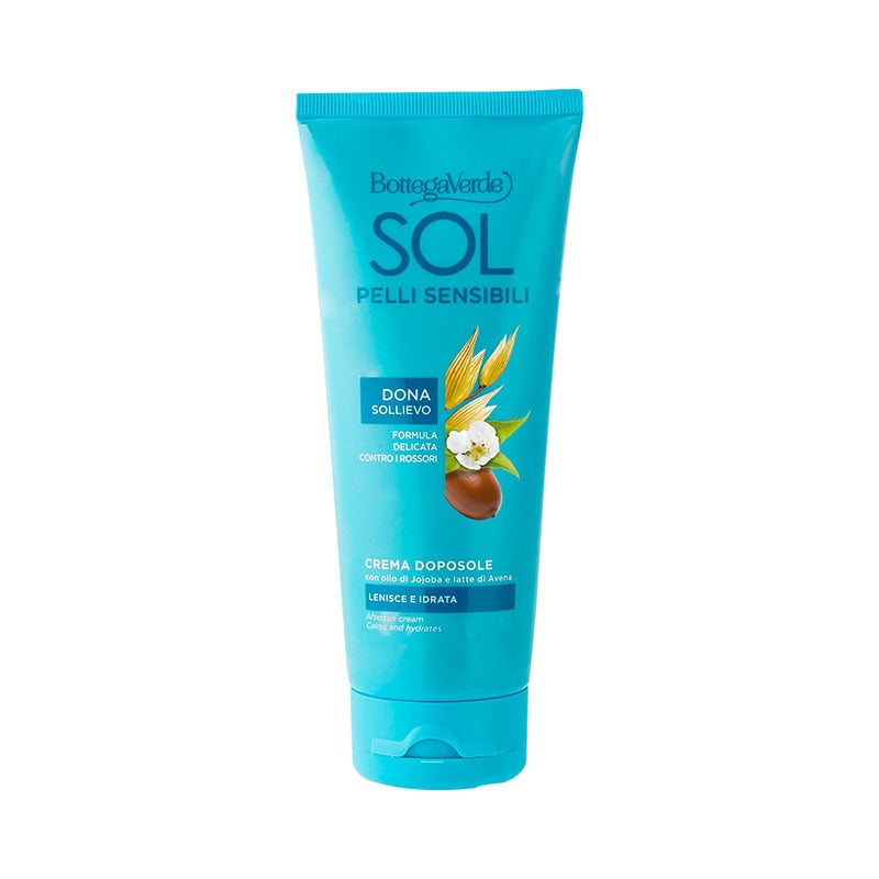 SOL pelli sensibili - Crema aftersun - calma e hidrata - con aceite de Jojoba y leche de Avena (200 ml) - alivia la piel - fórmula delicada contra las rojeces