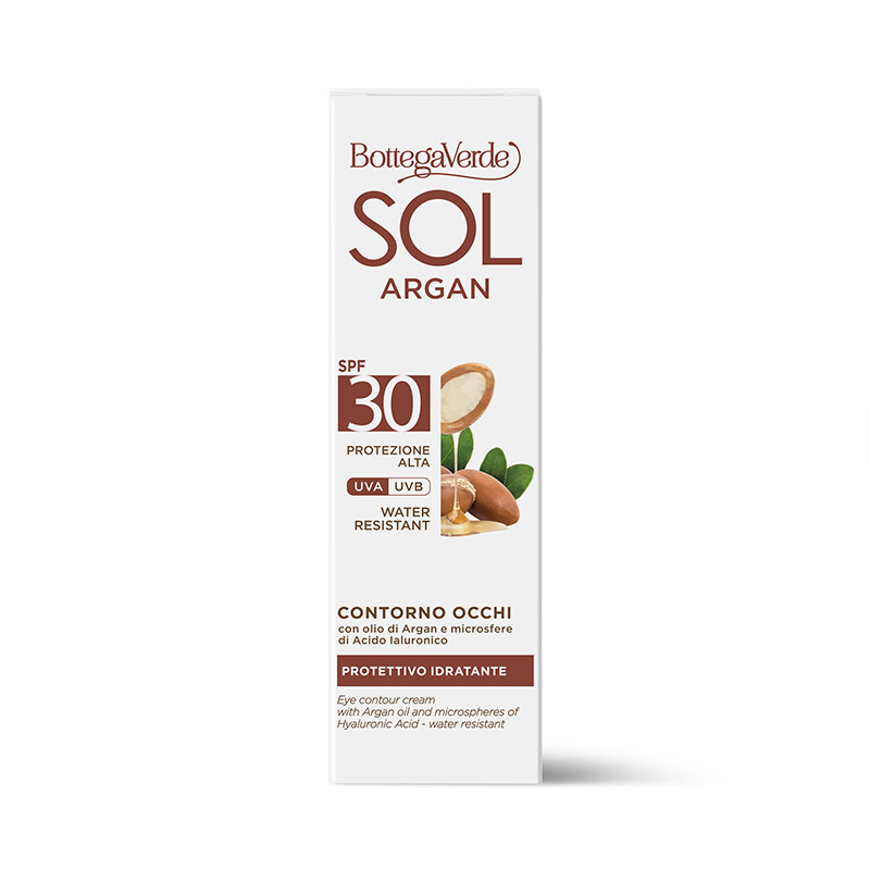 Contorno de ojos - protector hidratante - con aceite de Argán y microesferas de Ácido Hialurónico - SPF30 protección alta (10 ml) - resistente al agua