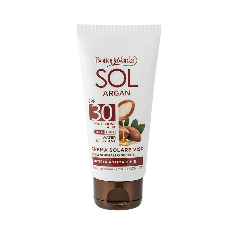 Image of Bottega Verde SOL Argan - Crema solare viso - antietà antimacchie - con olio di Argan e Vitamina E - SPF30 protezione alta - water resistant - pelli normali o secche