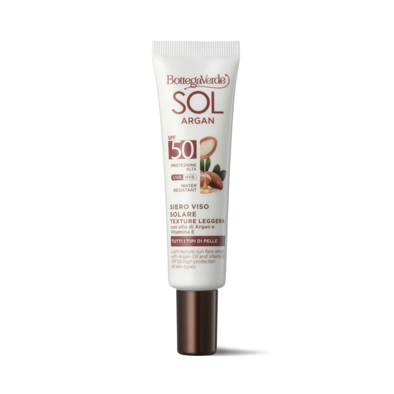 SOL Argan - Siero solare viso - texture leggera - con olio di Argan e Vitamina E - SPF50 protezione alta - water resistant - tutti i tipi di pelle