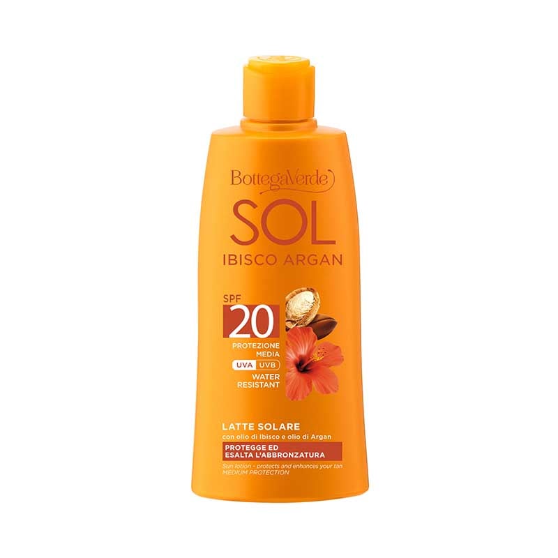 SOL Ibisco Argan - Latte solare - protegge ed esalta l'abbronzatura - con olio di Ibisco e olio di Argan - protezione media SPF20 - water resistant
