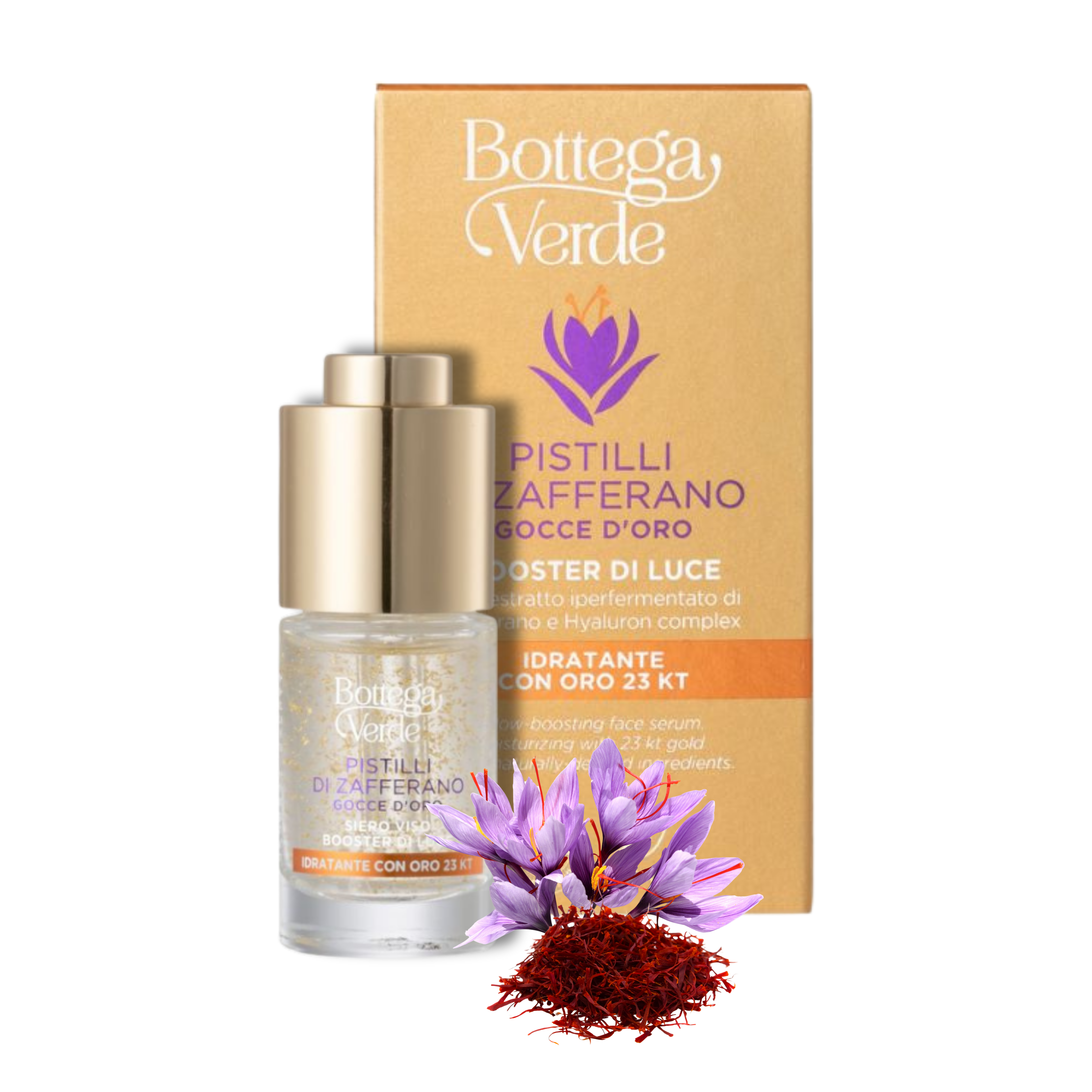 Golden Drops - Glow-boosting face serum - moisturizing with 23 kt gold - with hyperfermented extract of Saffron Flowers and Threads and Hyaluron complex (10 ml)