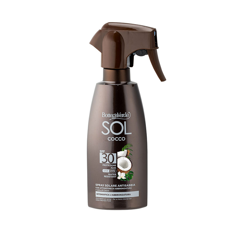 SOL Cocco - Spray solare - antisabbia, intensifica l'abbronzatura - con attivatore di abbronzatura e latte di Cocco - water resistant - protezione alta SPF 30