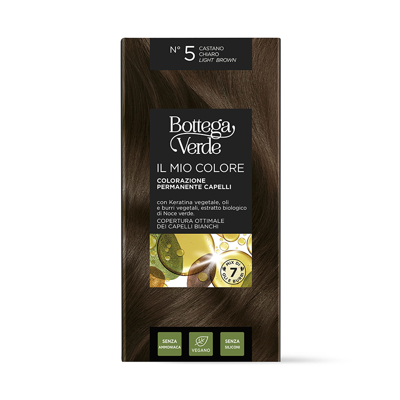 Permanent hair colour - with plant Keratin, plant oils and butters, organic Mullein flower extract - EXCELLENT GREY COVERAGE - LIGHT BROWN N 5