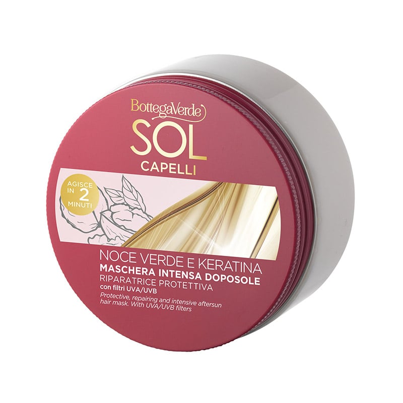 Sol Capelli - Nuez verde y Queratina - Mascarilla aftersun intensa - Reparadora protectora - con aceite de Nuez verde y Queratina - con filtros UVA/UVB - cabello estresado por el sol, el mar y el cloro (200 ml)