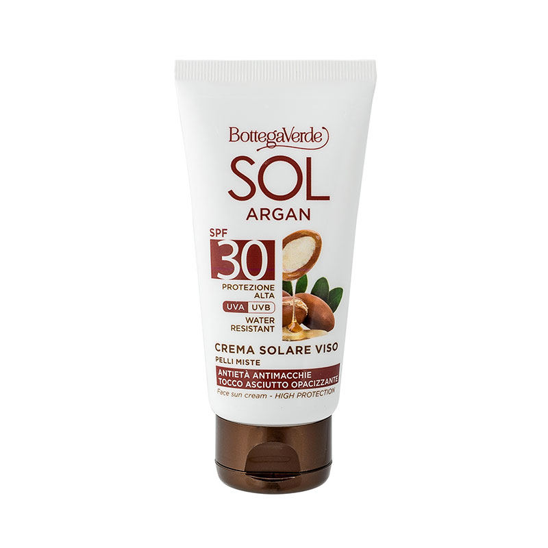 Image of Bottega Verde SOL Argan - Crema solare viso - antietà antimacchie '' tocco asciutto opacizzante - con olio di Argan e Vitamina E - SPF30 protezione alta - water resistant - pelli miste