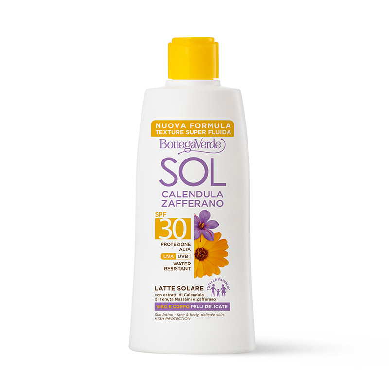 SOL Calendula Zafferano - Latte solare - viso e corpo - pelli delicate - tutta la famiglia* - con estratti di Calendula di Tenuta Massaini e Zafferano - SPF30 protezione alta - water resistant