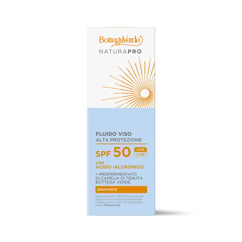 High-protection SPF 50 face fluid - with Hyaluronic Acid and hyperfermented Camellia extract from Tenuta Bottega Verde. Moisturizing (25 ml) - all skin types