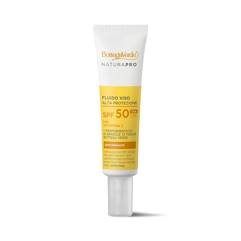 High-protection SPF 50 face fluid - with Vitamin C and hyperfermented Sunflower extract from Tenuta Bottega Verde. Uniforming (25 ml) - all skin types