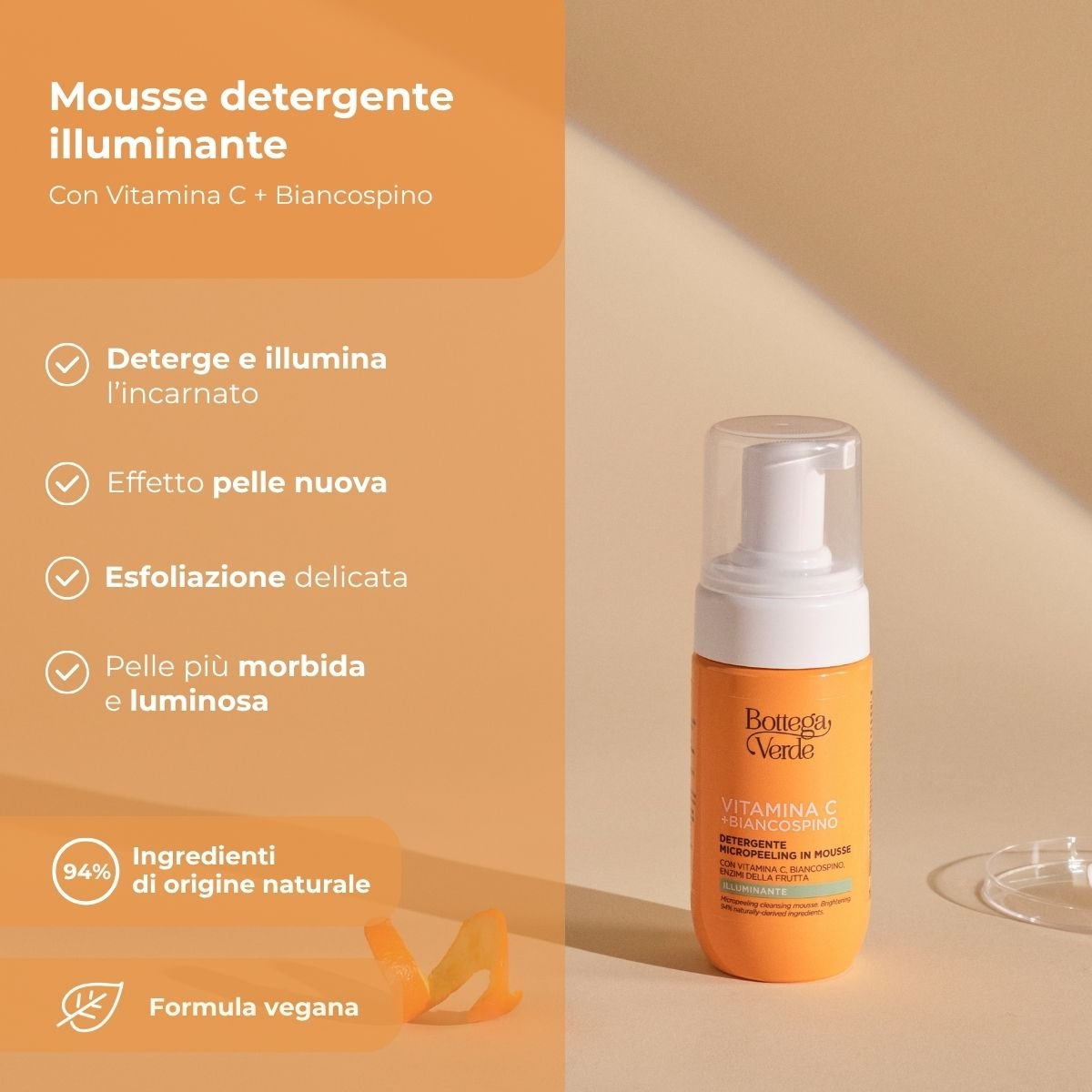 Vitamina C + Biancospino - Detergente micropeeling in mousse - con Vitamina C, Biancospino e Enzimi della frutta - illuminante