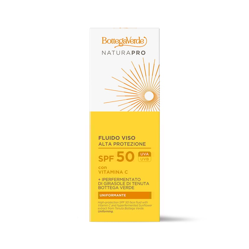 Fluido viso alta protezione SPF 50 - con Vitamina C e iperfermentato di Girasole di Tenuta Bottega Verde. Uniformante - tutti i tipi di pelle