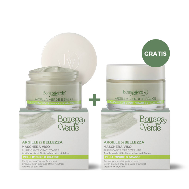 **OFFERTA 1+1 GRATIS** Argille di bellezza - Maschera viso purificante opacizzante - Argilla verde di Sicilia ed estratto di Salice - pelli impure o grasse