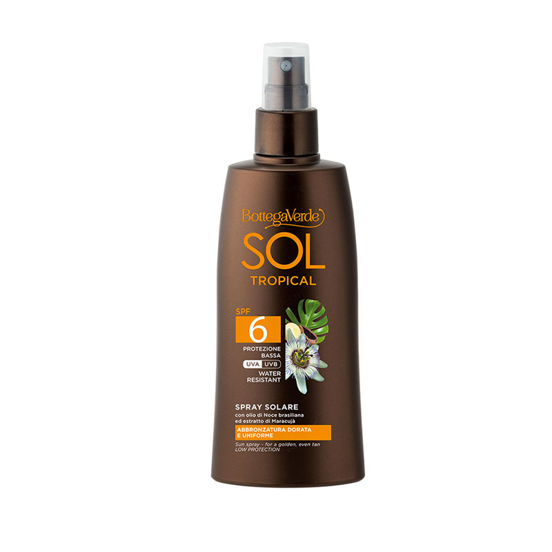 Image of Bottega Verde SOL Tropical - Spray solare - abbronzatura dorata e uniforme - con olio di Noce brasiliana e estratto di Maracujà - SPF6 protezione bassa - water resistant