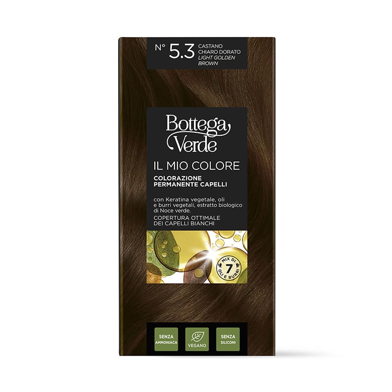 Permanent hair colour - with plant Keratin, plant oils and butters, organic Mullein flower extract - EXCELLENT GREY COVERAGE - LIGHT GOLDEN BROWN N 5.3