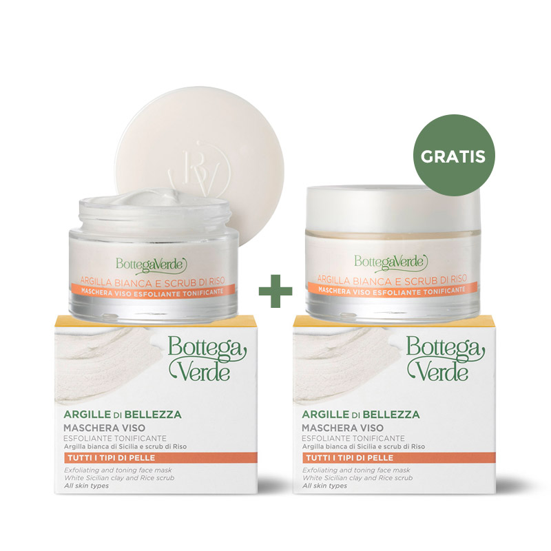 **OFFERTA 1+1 GRATIS** Argille di bellezza - Maschera viso esfoliante tonificante (50 ml) - Argilla bianca di Sicilia e scrub di Riso - tutti i tipi di pelle