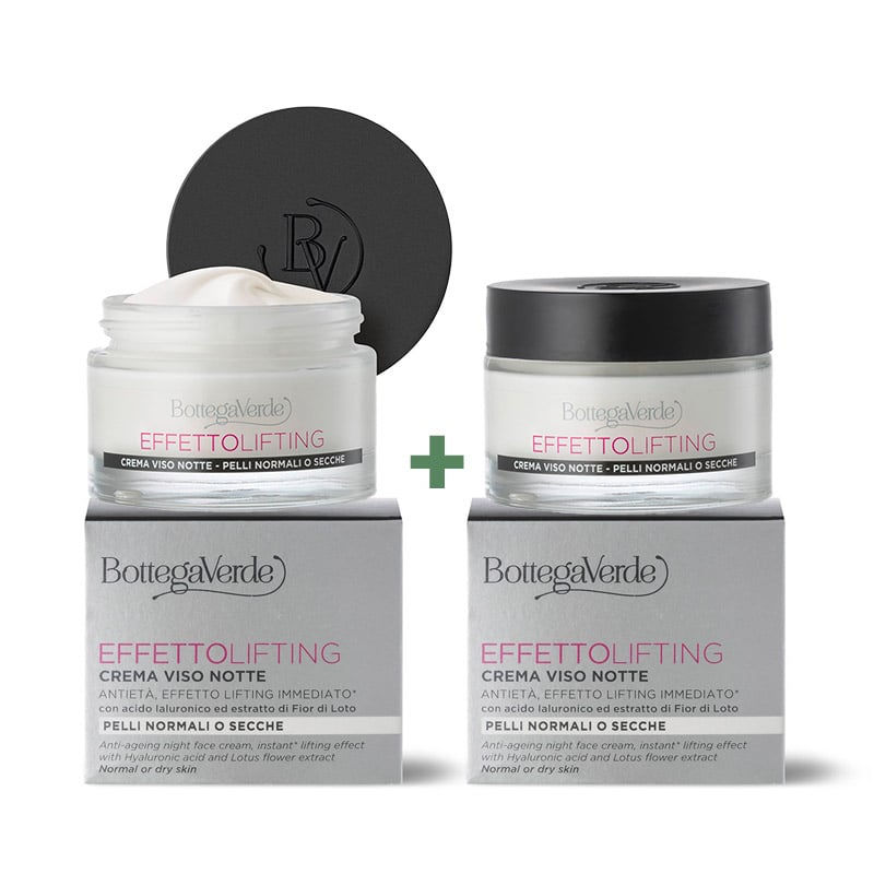 Offerta 2 pezzi Effetto lifting - Crema viso notte antietà, effetto lifting immediato - con acido Ialuronico ed estratto di Fior di Loto  - pelli normali o secche