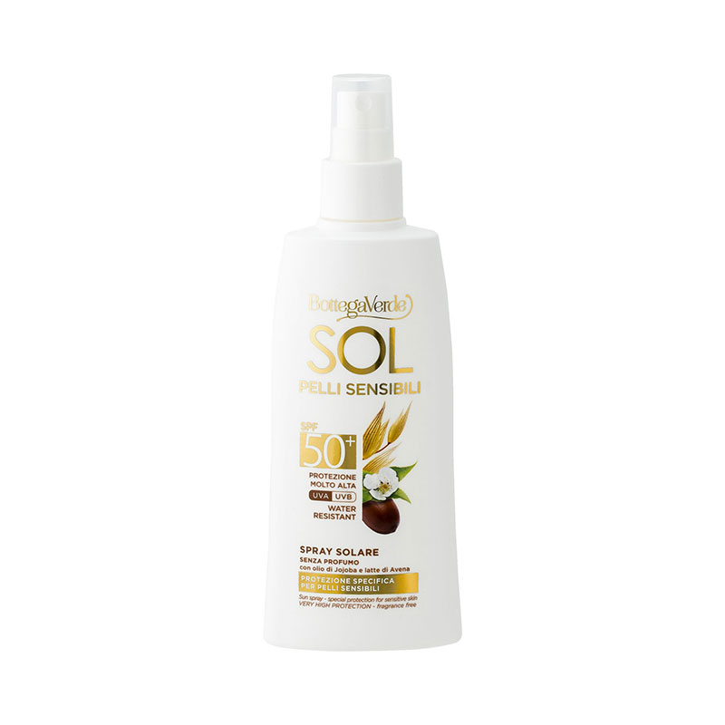SOL pelli sensibili - Spray solare - senza profumo - protezione specifica per pelli sensibili - con olio di Jojoba e latte di Avena - protezione molto alta SPF50+ - water resistant