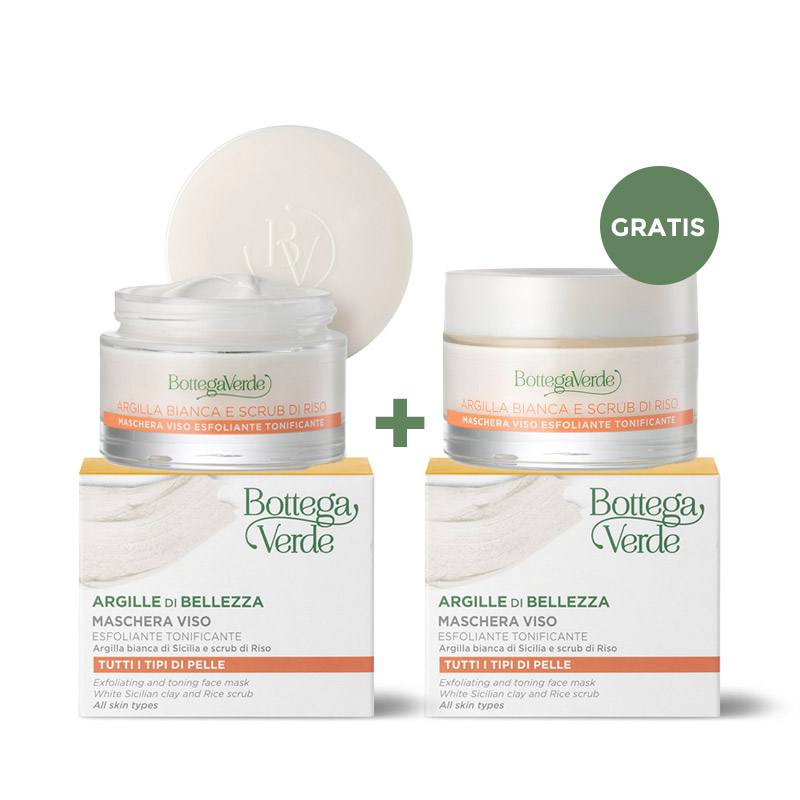 ** 1 + 1 FREE ** Argille di bellezza - Exfoliating and toning face mask (50 ml) - White Sicilian clay and Rice scrub - all skin types
