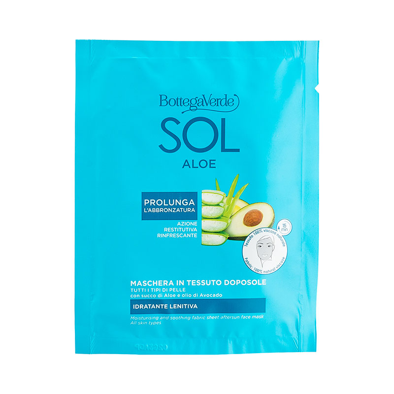 SOL Aloe - Fabric sheet after sun face mask - moisturising and soothing - with Aloe juice and Avocado oil (1 piece) - prolongs your tan - all skin types