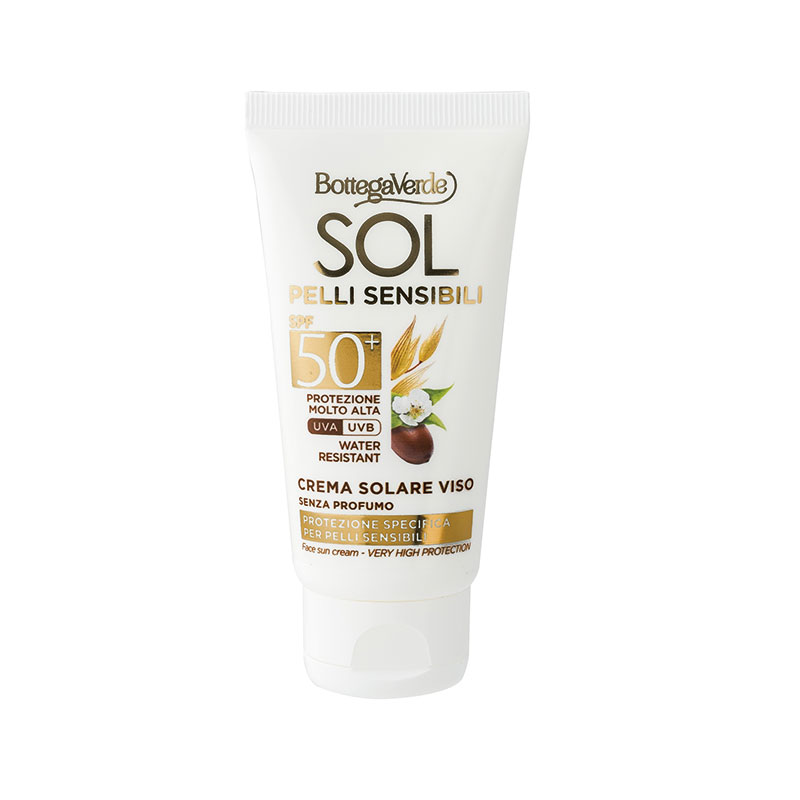 Image of SOL pelli sensibili - Crema solare viso - senza profumo - protezione specifica per pelli sensibili - con olio di Jojoba e latte di Avena - protezione molto alta SPF50+ (50 ml)- water resistant