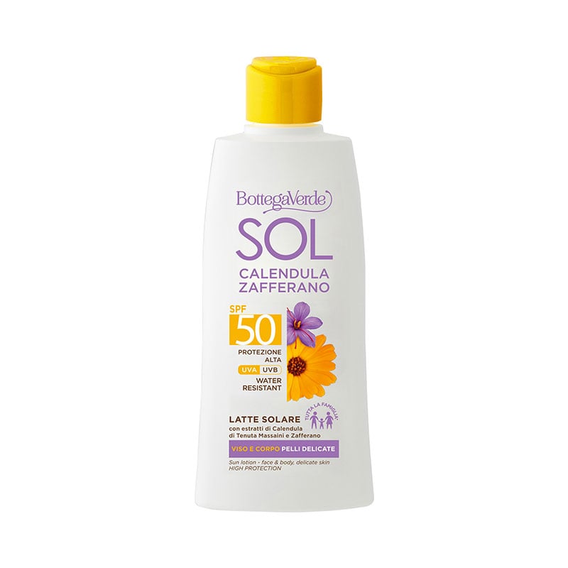 SOL Calendula Zafferano - Latte solare - viso e corpo - pelli delicate - tutta la famiglia* - con estratti di Calendula di Tenuta Massaini e Zafferano - SPF50 protezione alta - water resistant