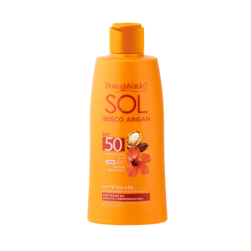 SOL Ibisco Argan - Latte solare - protegge ed esalta l'abbronzatura - con olio di Ibisco e olio di Argan - SPF50 protezione alta - water resistant