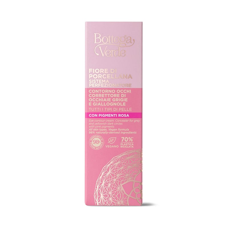 Sistema perfeccionador - Contorno de ojos rosa - Corrector de ojeras grises y amarillentas - con Ceramidas vegetales y Flor de Porcelana (10 ml) - todo tipo de pieles