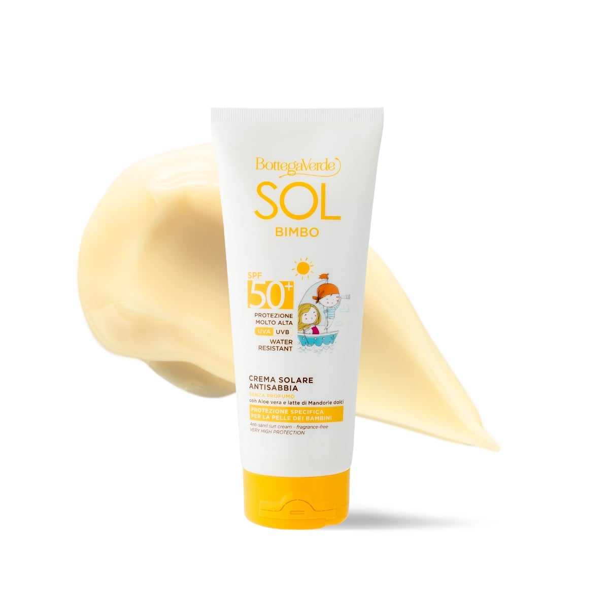 SOL bimbo - Sun cream - anti-sand, fragrance-free - with Aloe vera and sweet Almond milk - very high protection SPF50+ (200 ml) - protection specially designed for children - water resistant