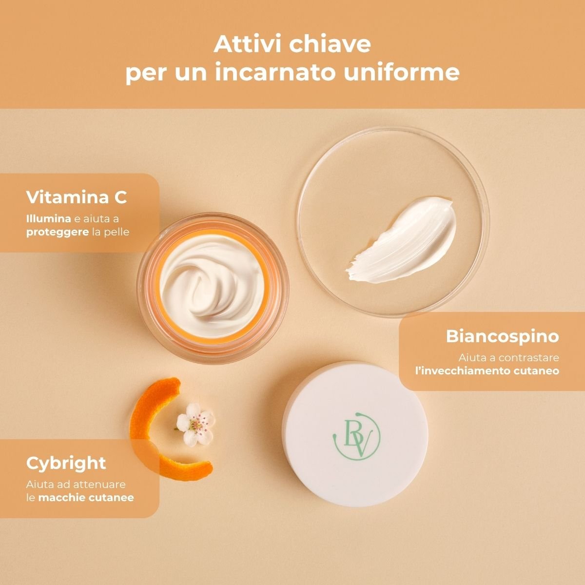 Vitamina C + Biancospino - Crema viso giorno idratante antimacchia SPF50 - con Vitamina C, Biancospino e Cybright - riduce l'intensit&agrave; delle macchie