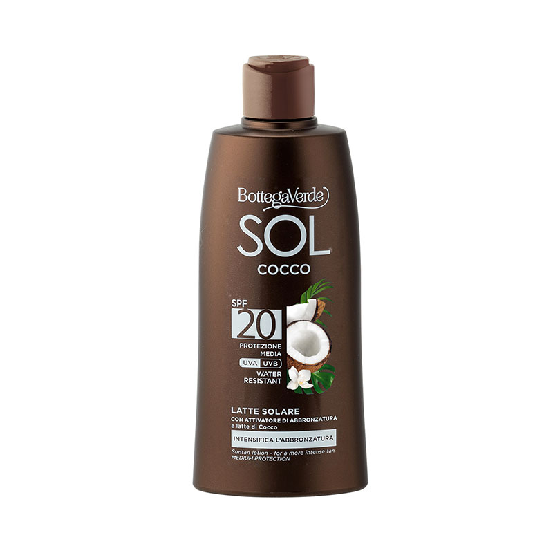 SOL Cocco - Latte solare - intensifica l'abbronzatura - con attivatore di abbronzatura e latte di Cocco (200 ml) - water resistant - protezione media SPF 20