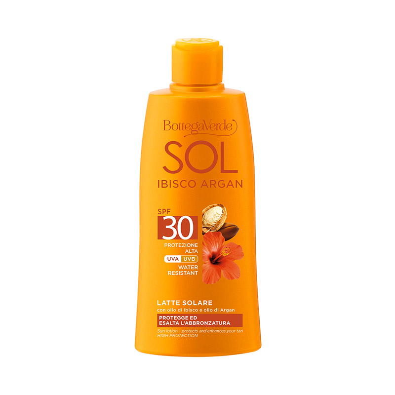 Image of Bottega Verde SOL Ibisco Argan - Latte solare - protegge ed esalta l'abbronzatura - con olio di Ibisco e olio di Argan - protezione alta SPF30 (200 ml) - water resistant