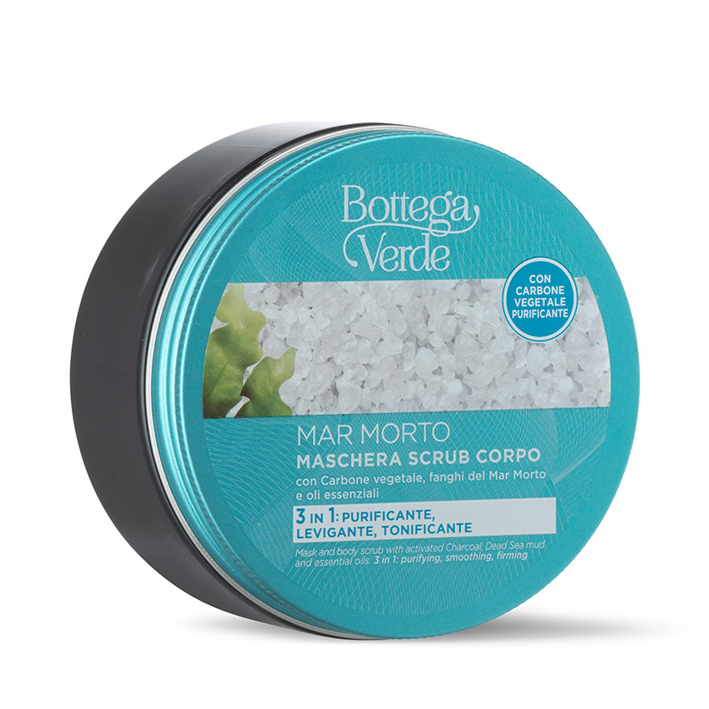 Mar Morto - Mascarilla exfoliante corporal - con Carbón vegetal, fangos del Mar Muerto y aceites esenciales (200 ml) - 3 en 1: purificadora, alisadora, tonificante