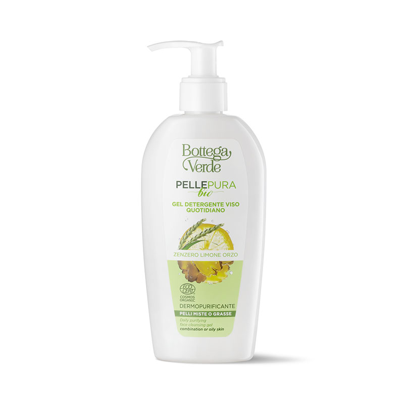 Pelle pura bio - Gel detergente viso quotidiano, dermopurificante, con estratto di Zenzero bio, succo e olio essenziale di Limone, acqua di Orzo bio - pelli miste o grasse