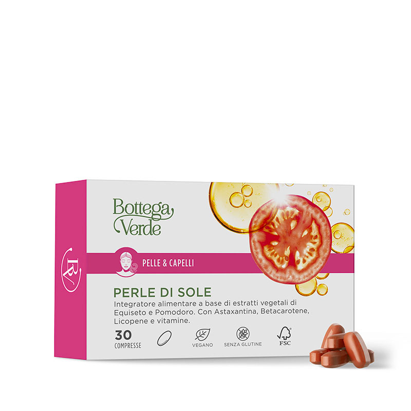 Pelle & Capelli - Perle di sole - Integratore alimentare a base di estratti vegetali di Equiseto e Pomodoro. Con Astaxantina, Betacarotene, Licopene e vitamine