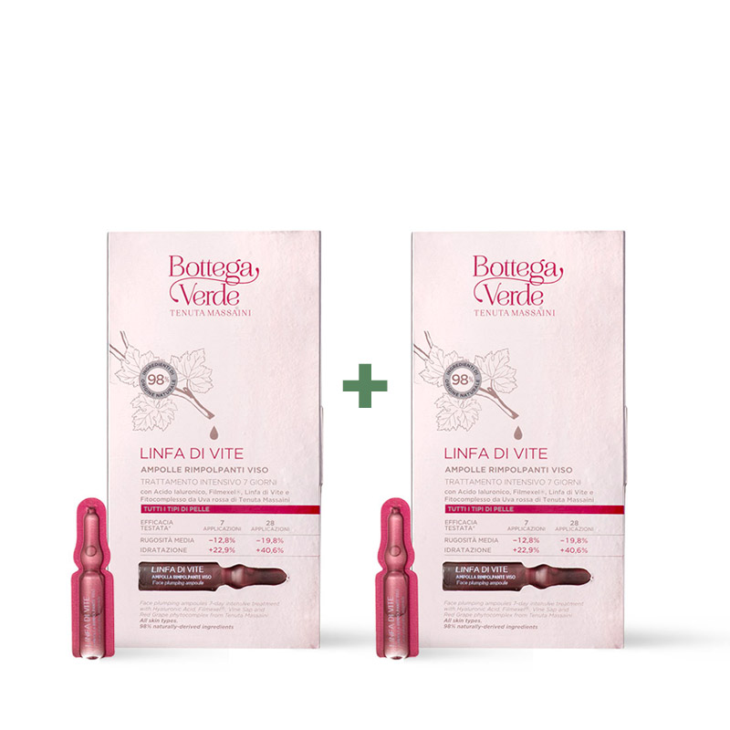 **1+1 **  Linfa di Vite - Face plumping ampoules - An intensive 7-day treatment with Hyaluronic Acid, Filmexel, Vine Sap and Red Grape phytocomplex from Tenuta Massaini (7 ampoules) - all skin types
