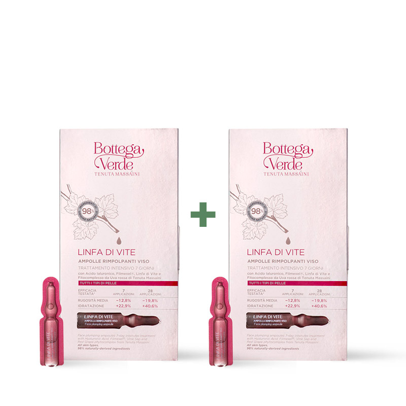 **OFFERTA 1+1 GRATIS** Linfa di Vite - Ampolle rimpolpanti viso - Trattamento intensivo 7 giorni con Acido Ialuronico, Filmexel®, Linfa di Vite e fitocomplesso da Uva rossa di Tenuta Massaini (7 ampolle) - tutti i tipi di pelle