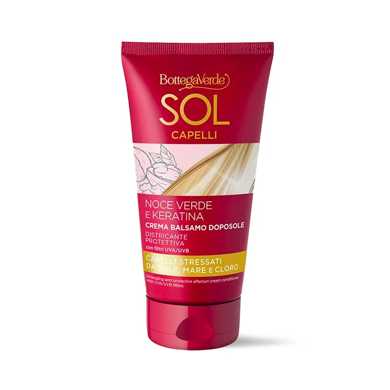 Bottega Verde Sol Capelli - Noce verde e Keratina - Crema balsamo doposole - districante protettiva - con olio di Noce verde e Keratina - con filtro UVA/UVB - capelli stressati da sole, mare e cloro
